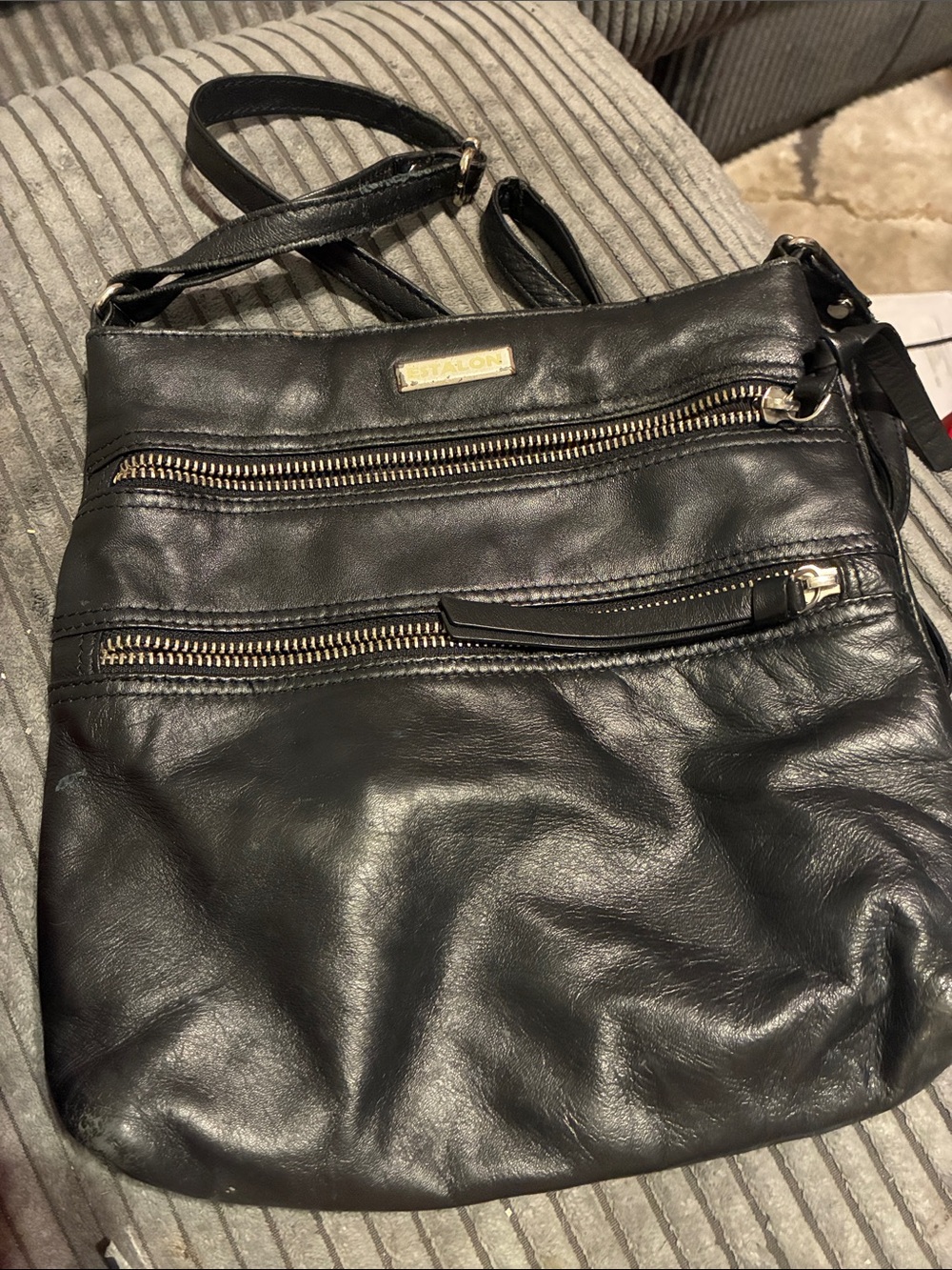 Black Leather Crossbody Bag with Front Zip Pockets
